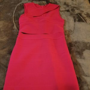 Small fitted hot pink dress (stretches), sexy, flattering, midi length.